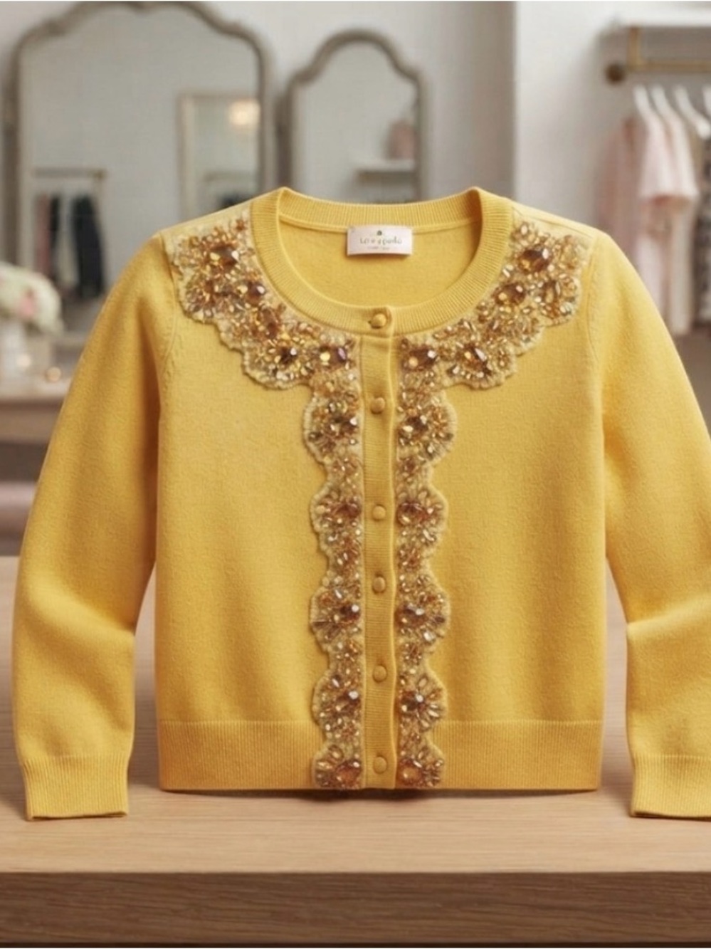 Yellow Embellished 3/4 Sleeve Crewneck Cardigan Sweater Kate Spade XS